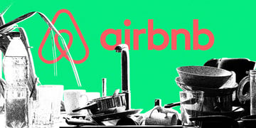 The Airbnb logo next to dirty dishes.