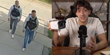 Youtuber holding Flock camera and image of police men approaching