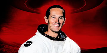Former NASA astronaut Charlie Duke, with a celestial light glowing from a UFO.