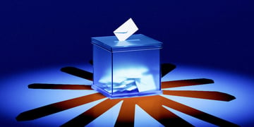 A ballot being dropped into a ballot box, Claude logo.