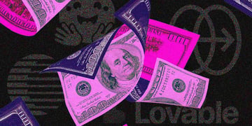 American dollars, the logos of European AI apps Hugging Face, Lovable, Reface, and Zeely