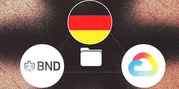 The logo of German intelligence agency, German flag, the logo of Google Cloud