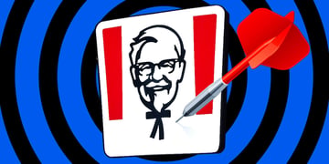 kfc logo with an arrow in the blue and black background.