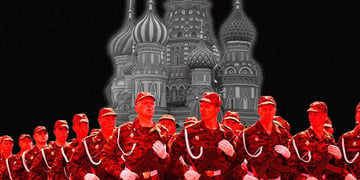 troops marching in front of the Kremlin in Moscow, Russia