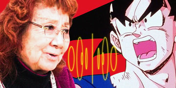 Voice actor Masako Nozawa alongside Dragon Ball character Goku.