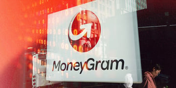 MoneyGram logo in the red background with binary code snippets.