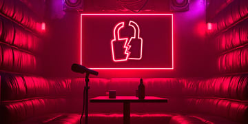 A neon Karaoke room, with a broken padlock on the TV screen.