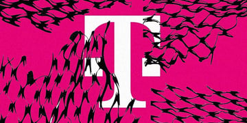 T-systems logo in the pink background with wired fence patterns