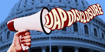 A megaphone sounding off "UAP disclosure" in Washington DC.