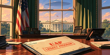 A UAP Legacy Program folder on the White House Desk, while a UFO emerges outside.
