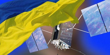 Ukraine flag next to internet satellites.