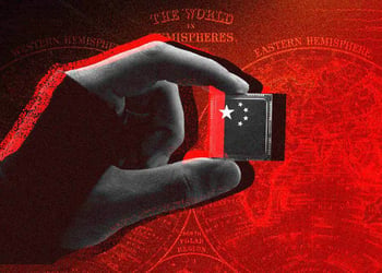 shadowy hand holds black chip, china stars on it, red background,