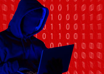 man in hoodie, black and blue colors, dark laptop, red binary code backround, orange numbers