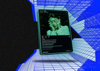 Smartphone social feed with  ad overlays, skyscrapers, turning into glitching deepfake faces
