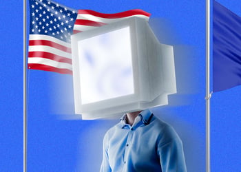 American and European Union flags, a person with a monitor instead of their head