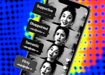 A smartphone screen with woman's face, words "supportive," "disappointed," "sarcastic," and "flirty