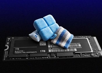 Black Samsung SSD card with baby blue mittens