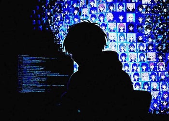 A silhouette of a hacker, hacking into an anime system.