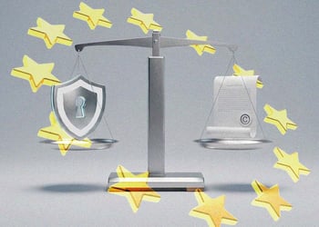 A futuristic balance scale weighing up a VPN and a copyrighted document.