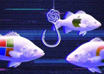A giant fishing hook shaped like the ChatGPT logo dangling beside Microsoft, Google and Apple logos