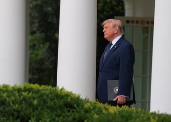 donald trump, dark suit, white collar shirt, profile, he stands in colonnade at the White House