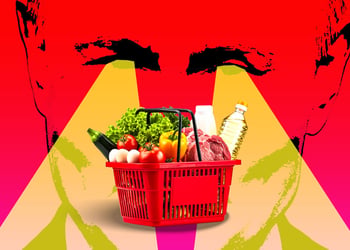 A basket with groceries, Russia's president Vladimir Putin