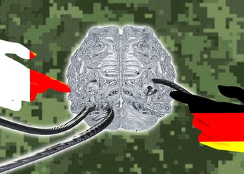 Hands that come in colors of French and German flags pointing to artificial brain
