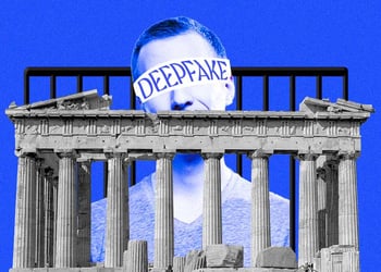 A person with the word "Deepfake" covering his eyes, prison bars, Greek Acropolis