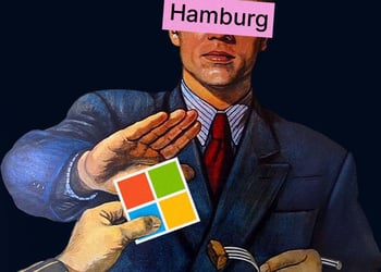A person whose eyes are covered with a word "Hamburg" says no to Microsoft logo
