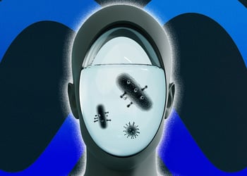 A robot's head and bacteria inside it; the logo of Meta