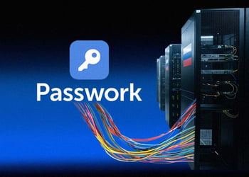 The logo of Passwork, a server, a Russian flag