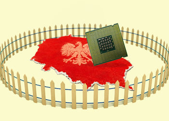 Poland on the map surrounded by a fence; a microchip
