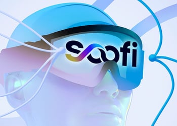 A person's head with VR glasses that say Soofi S