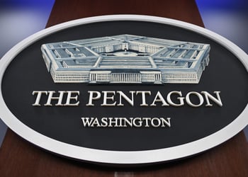 Pentagon logo is seen ahead of a press conference at the Pentagon in Washington D.C.
