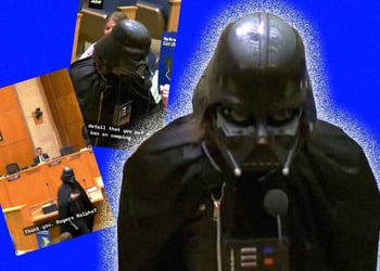 Screenshots of a man dressed as Darth Vader in San Diego City Hall; blue background