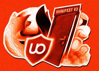 A giant Firefox logo stands untouched behind a glowing uBlock Origin shield