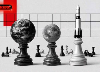 A cosmic chessboard with rockets and planets for pieces.