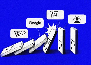 A domino effect of AI misinformation, featuring Wikipedia and Google. Image by Cybernews.