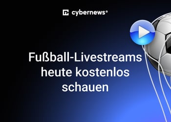 Fußball trifft das Netz im Tor, Play Button, blau-schwarzer Hintergrund