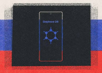 A smart phone and a Graphene OS logo with the Russian flag in the background