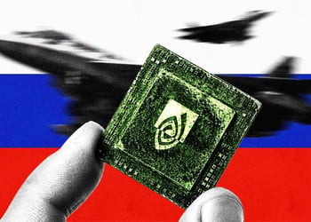 A hand holding a chip, Russian flag on the background, jet fighters