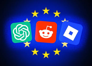 ChatGPT, Reddit, Roblox logos superimposed on EU flag