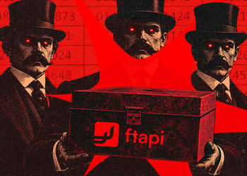 Three figures in red background holding a box with FTAPI logo on it.