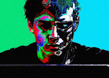 An individual drawn like an computerized AI bot looking at the screen of their laptop