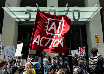 Demonstrators rally outside Anthropic headquarters in San Francisco, California