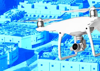 A drone flying over a data center