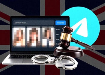 Blurred pornographic deepfakes of women on the laptop, Telegram logo
