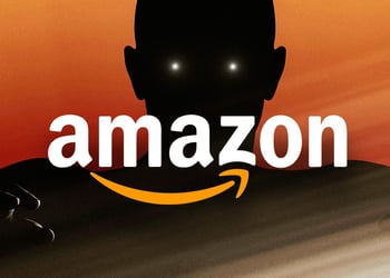 amazon logo, black man shadow in the background