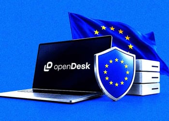 A laptop with a productivity suite, openDesk, the European Union flag