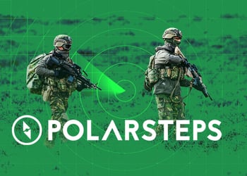The logo of the Polarsteps app, two armed soldiers walking in the green background